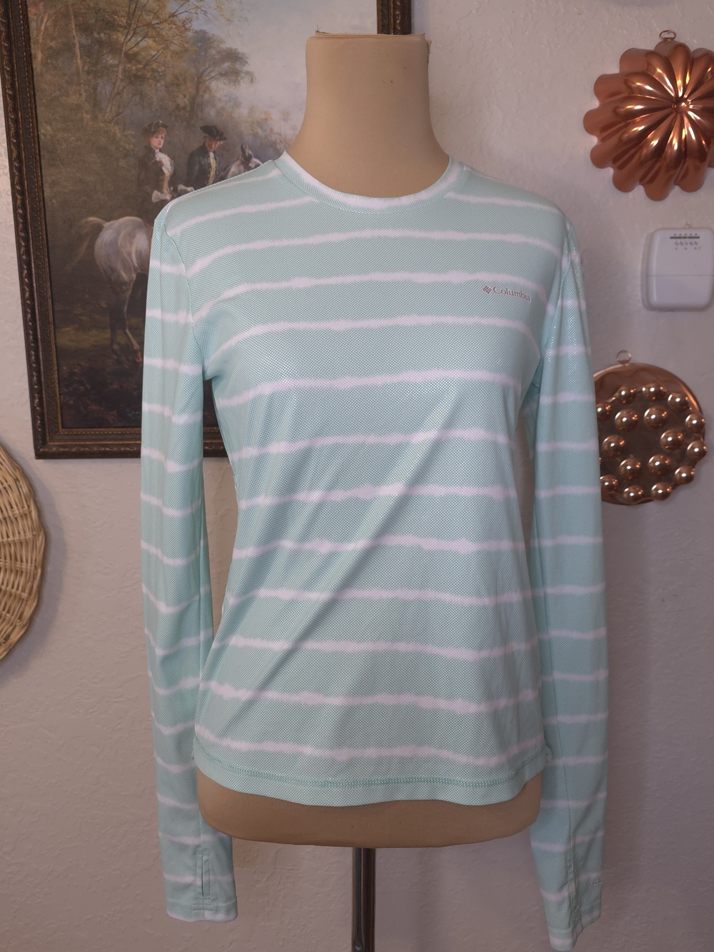Columbia Omni-Shade XS Mint Striped UPF Sun Shirt Rash Guard Ruching Coastal